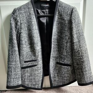 Laura Plus Petite blazer / suit jkt grey herringbone/tattersal black trim sz 16